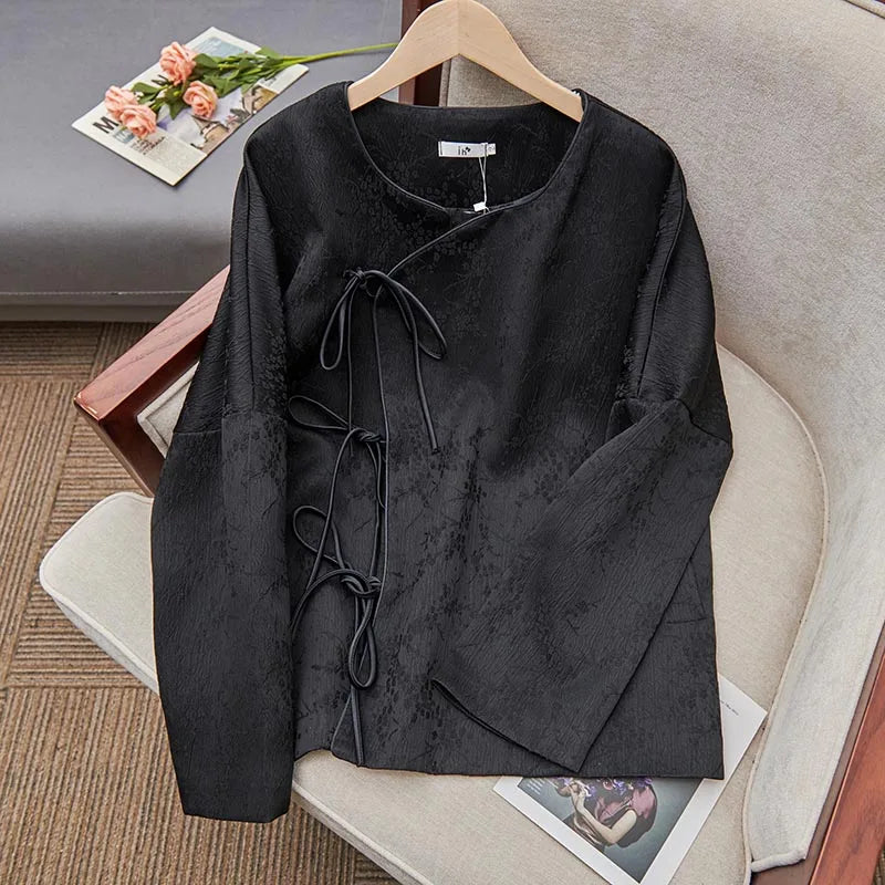 Fashionable Chinese Style Jacquard Shirt Jacket Women's Top Round Neck Long Sleeve Lace-up Buckle Vintage Loose Blouse Coat