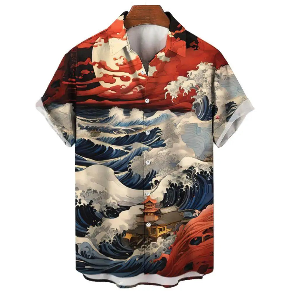 Shanhaijing Ukiyoe Waves and Clouds Printed Men's Short-sleeved Shirt Casual Daily Summer Fashion Street Trend Tops Oversized