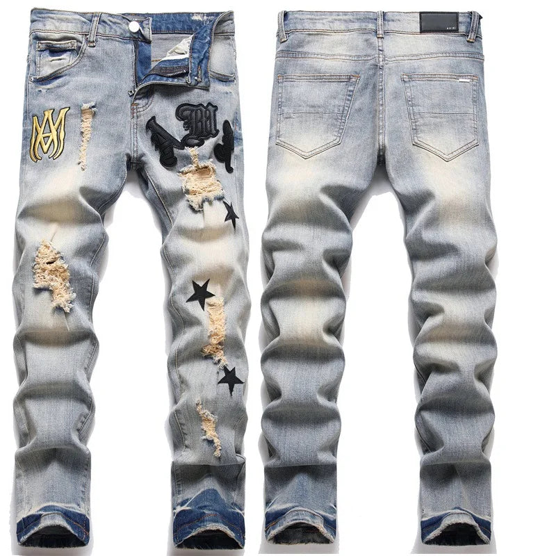 High Street Stretch Embroidery Men’s Jeans Ripped Streetwear Jeans Punk Style Pants for Man Slim Fashion Small Feet Men's Jeans