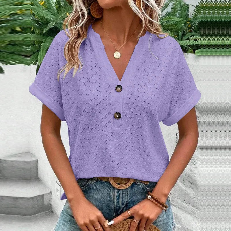 New Fashion Women Blouses Casual Jacquard Button V-Neck Solid Loose Shirts Summer Short Sleeve Oversized Tops Female