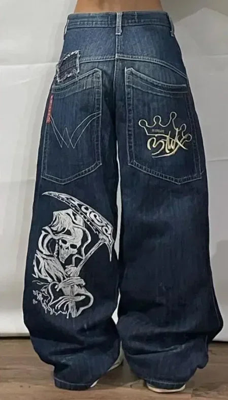 Y2K trendy retro classic pocket skull pattern straight denim trousers summer American Gothic washed wide-leg denim loose pants