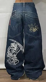 Y2K trendy retro classic pocket skull pattern straight denim trousers summer American Gothic washed wide-leg denim loose pants