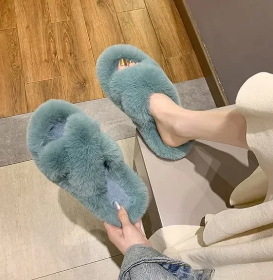 Fashion One Word Thick Fur Slippers Double Fur Slippers Casual Home Cotton Shoes for Women Flat Plush Cross Straps Slippers