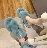 Fashion One Word Thick Fur Slippers Double Fur Slippers Casual Home Cotton Shoes for Women Flat Plush Cross Straps Slippers