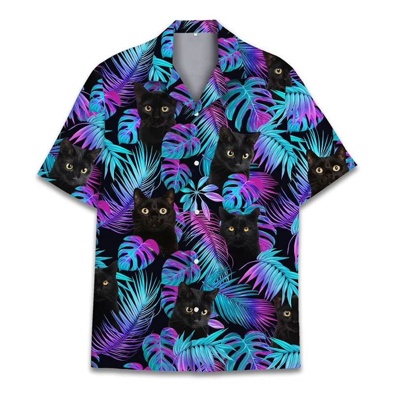 Animal Cat Raccoon Hawaiian Shirts Men 3D Print Dinosaur Pattern Shirt Button Lapel Short Sleeves Fashion Aloha Shirt Clothing