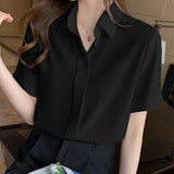 Women Summer Blouses Elegant Solid Shirts  Casual Lapel Short Sleeve Office Lady Work Blusas Female OL Tunic Chemise