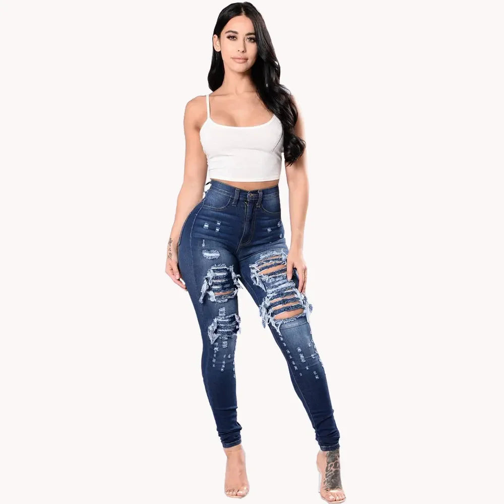 HOLE Denim Women High Waist Ripped Jeans for Women Skinny Black Pockets Jeans Woman Elastic Slim Jean Female Femme Pants