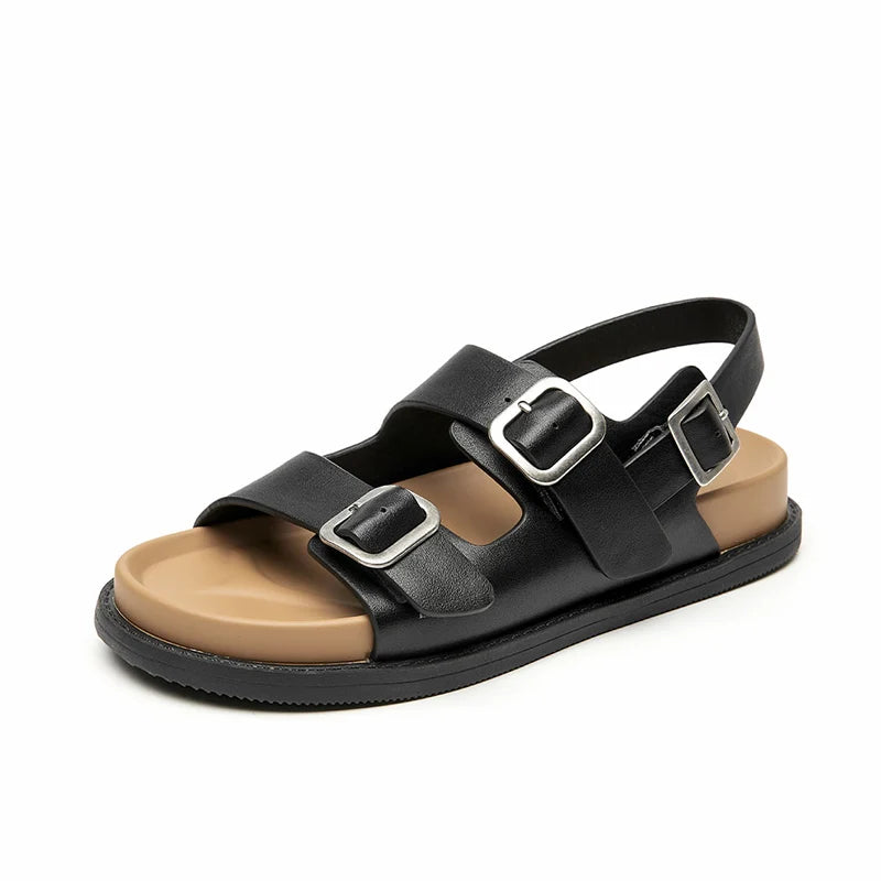 BeauToday Casual Sandals Women Genuine Leather Metal Ankle Buckle Strap Summer Beach Ladies Low Heel Sport Shoes