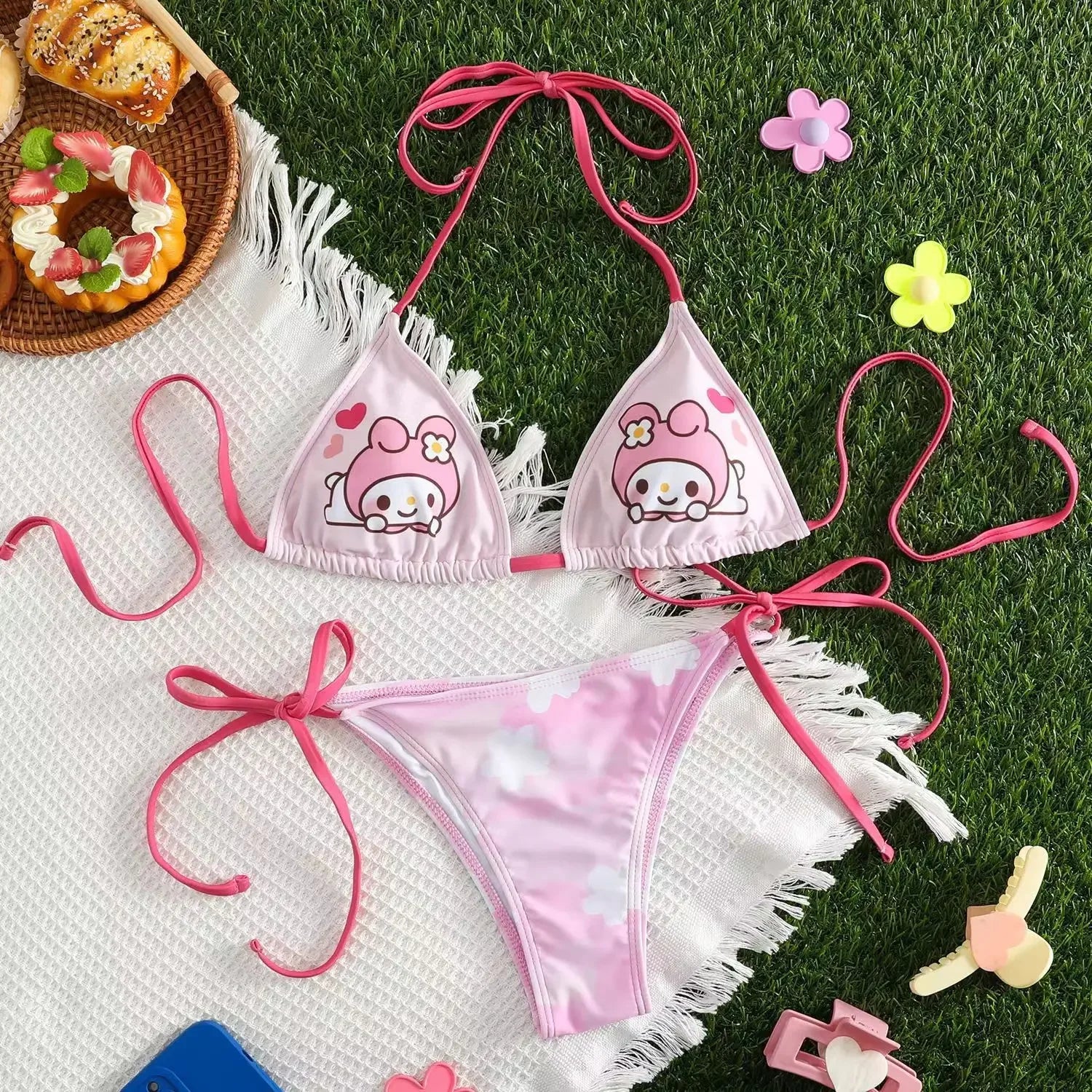 Hellokitty Cute Girls Sexy Bikinis Set Print Bikini Swimsuit Women Swimwear Beachwear Lingerie Elasticity Slips On Vacation