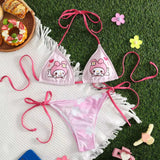 Hellokitty Cute Girls Sexy Bikinis Set Print Bikini Swimsuit Women Swimwear Beachwear Lingerie Elasticity Slips On Vacation