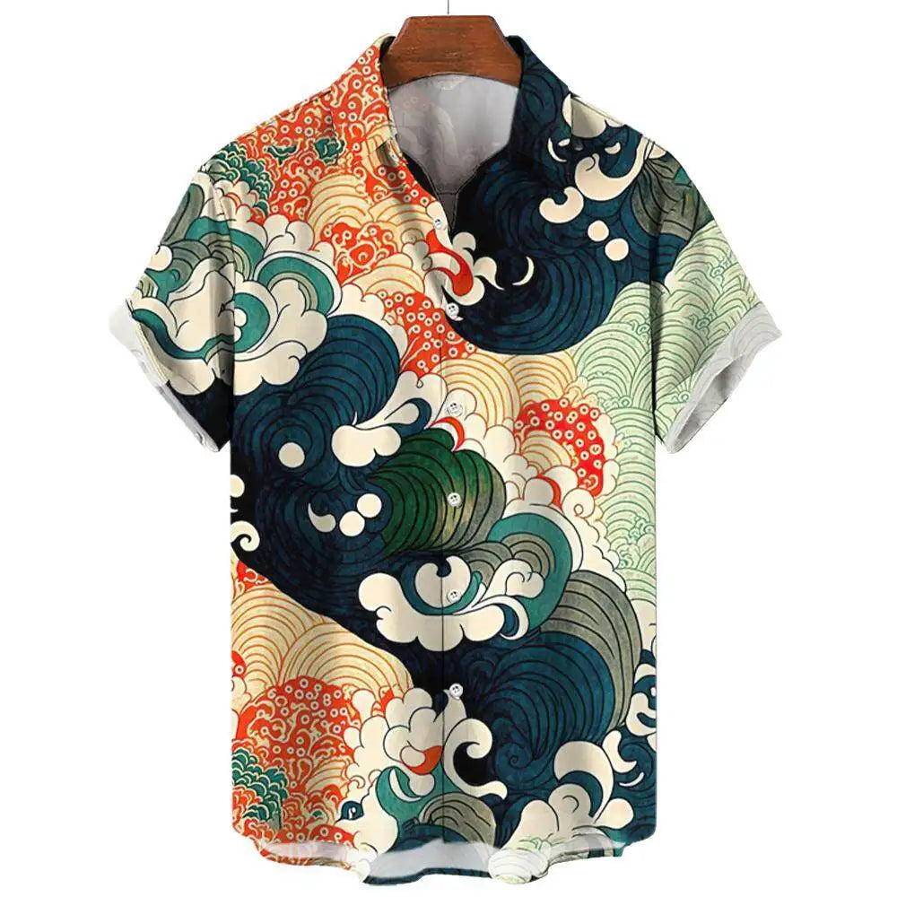 Shanhaijing Ukiyoe Waves and Clouds Printed Men's Short-sleeved Shirt Casual Daily Summer Fashion Street Trend Tops Oversized