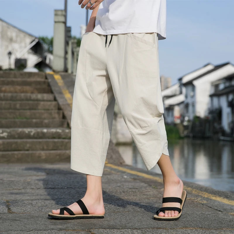 Cotton and Linen Capri Pants Men's Summer Thin Linen Pants Casual Beach Pants Men's Pants Shorts