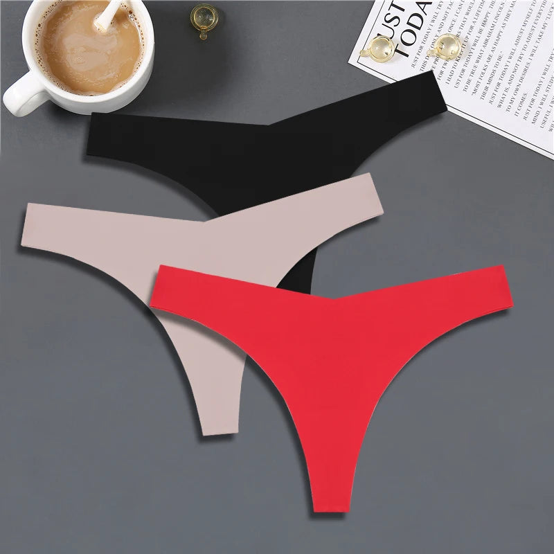 FINETOO 3PCS Women Ice Silk Seamless Underpants Panties Sexy V-Waist Sport Thongs Low Rise 10 Soild Colours Breathable G-string