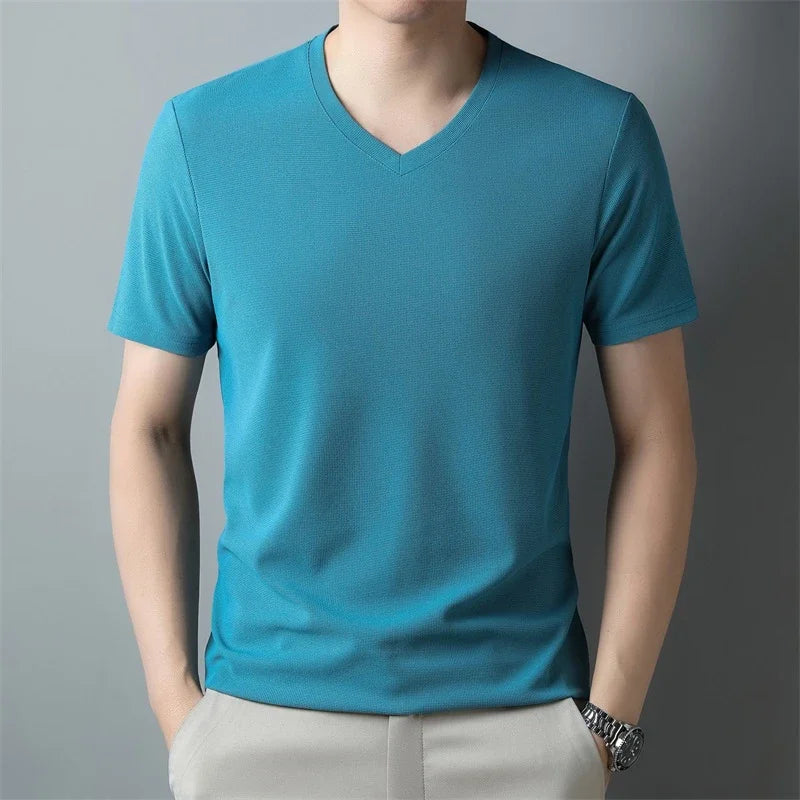 Men's Waffle V Neck Short Sleeve T-Shirt Summer Comfortable Breathable Fashion Top in Solid Colors