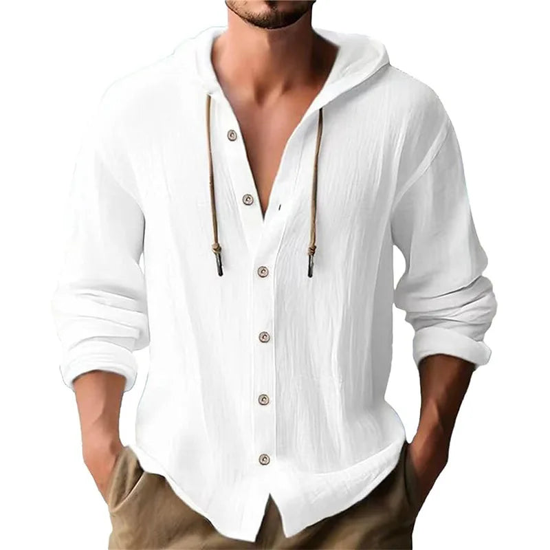 Men's solid color casual shirt, hooded drawstring cotton and linen cardigan, trendy and versatile loose beach T-shirt