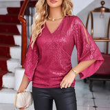 Women Blouse Sequin Tops 3/4 Sleeve Glitter Sparkly Party Blouse V Neck Dressy Tops For Evening Party Thin Chic Blusas Para Muje