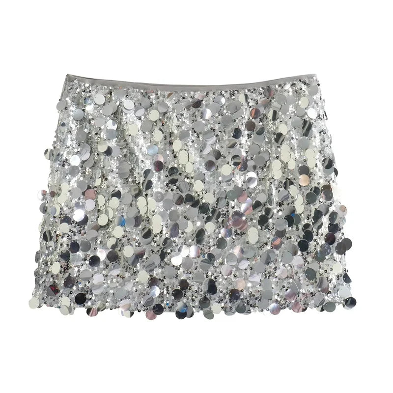 TRAF Sequin Mini Skirt Women Luxury High Waist Skirts for Woman Fashion Summer Women's Skirt Streetwear Glitter Short Skirt