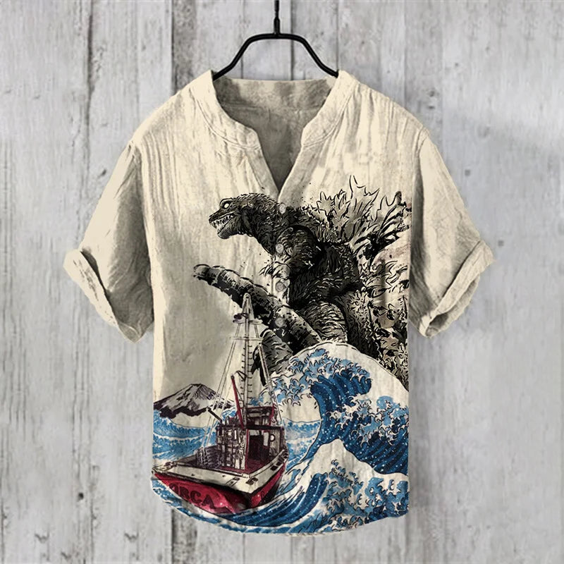 Fashion retro distressed linen breathable men's shirt men's clothing art illustration print fashion v-neck henley men's shirt