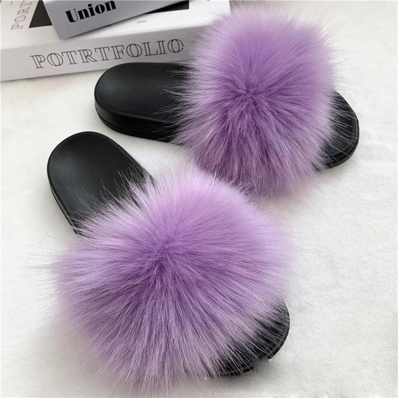 Summer Faux Fur Slippers Women Indoor Furry Fur Slides Female Plush Flip Flops Flats Sandals Casual Fluffy Slipper House Shoes