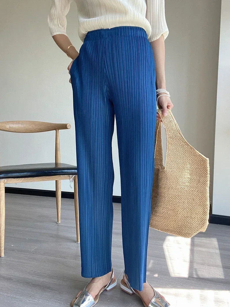 YUDX Spring Summer Autumn Women Casual Elegant Ladies Miyake Designer Casual Loose Straight Pleated Pants High Waist Trousers