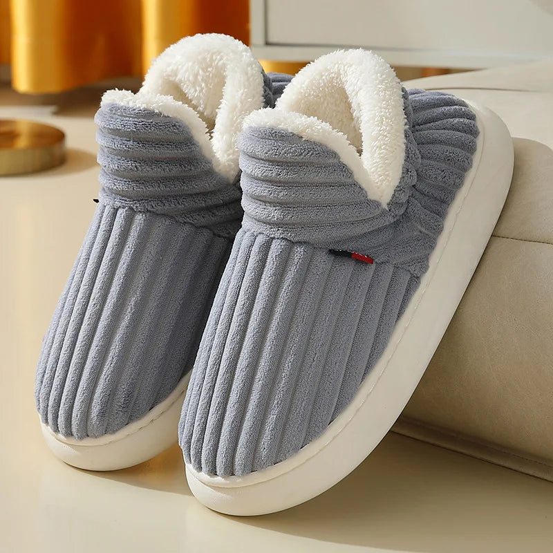 Fashion Couple Winter Warm Plush Slippers Thick Sole Non Slip Casual Cotton Shoes Woman Corduroy Soft Indoor Home Slippers