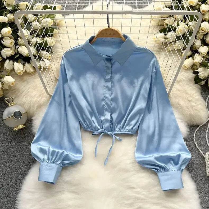 tops woman blouse polo shirts satin long sleeve women blouse female shirt harajuku sexy pleated tee