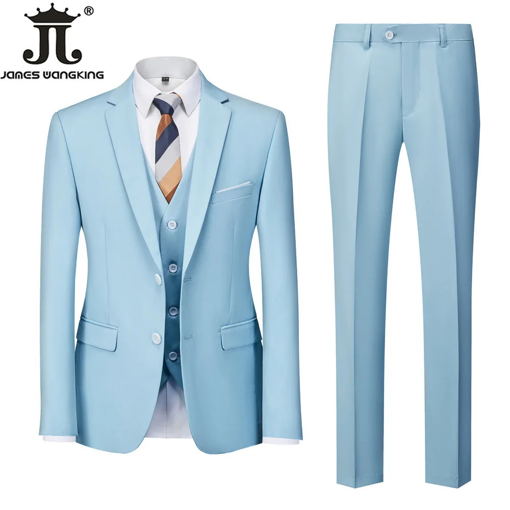 ( Jacket + Vest + Pants ) Boutique Solid Color Men's Official Business Suit Bride's Wedding Dress Party Male Suit