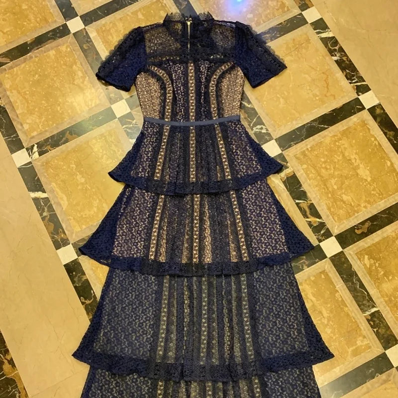 Spring/Summer New Women's Water soluble Lace Splicing Deep Blue A-line Layer Cake Slim Fit Long Dress