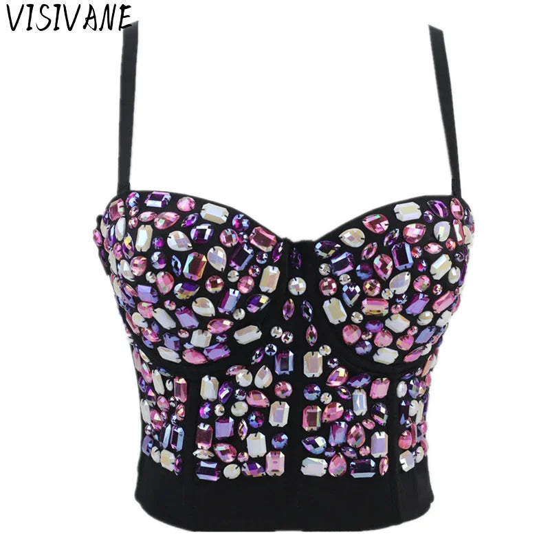 Visivane Rivet Beading y2k Tank Tops Women Bra Blusas Short Corset Woman Clothing Stage Party Shaper Ladies Crop Shirt Camis