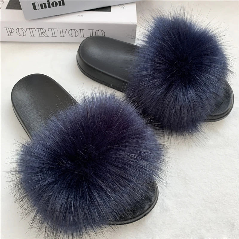 Summer Faux Fur Slippers Women Indoor Furry Fur Slides Female Plush Flip Flops Flats Sandals Casual Fluffy Slipper House Shoes