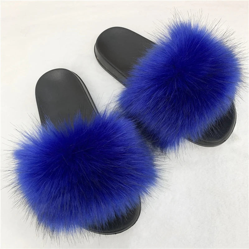 Summer Faux Fur Slippers Women Indoor Furry Fur Slides Female Plush Flip Flops Flats Sandals Casual Fluffy Slipper House Shoes