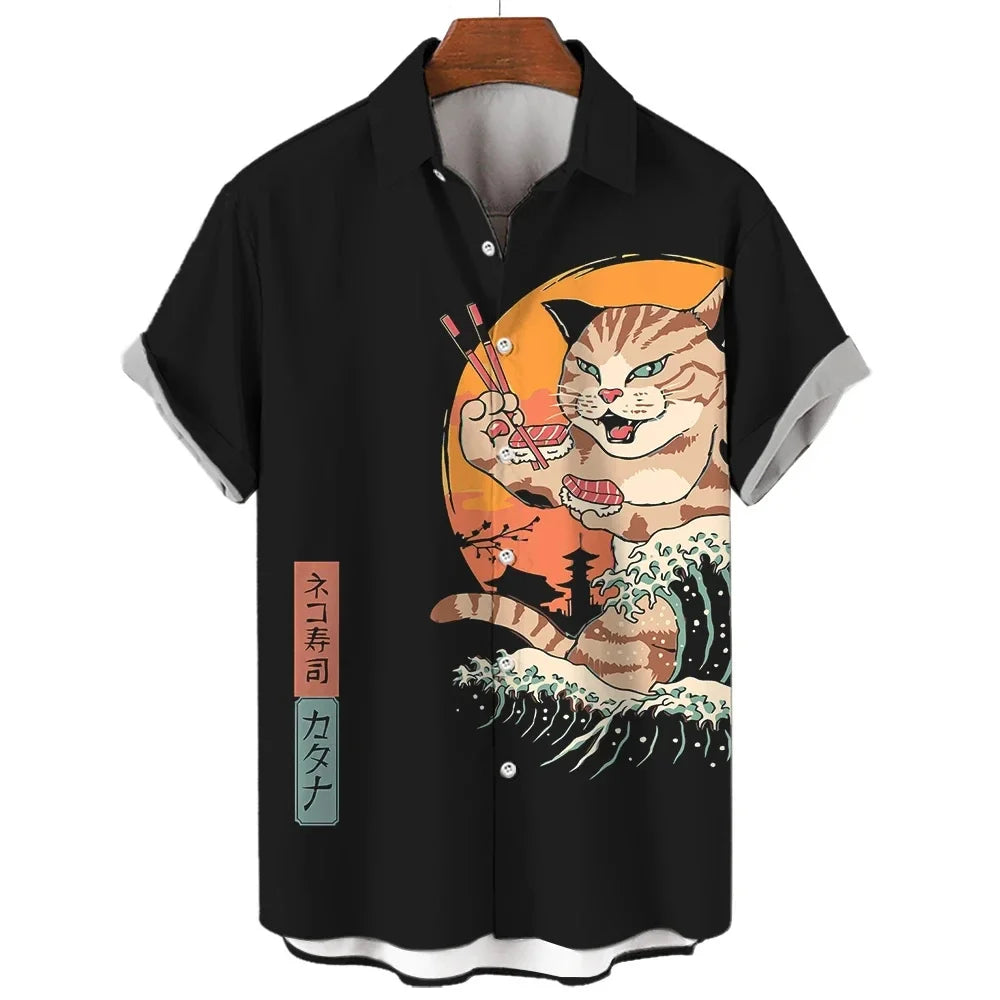 Fashion Men's Clothing Cool Samurai Cat Tops Summer New Men's Clothing Casual Short-Sleeved Anime Loose Blouse Hawaiian Shirts