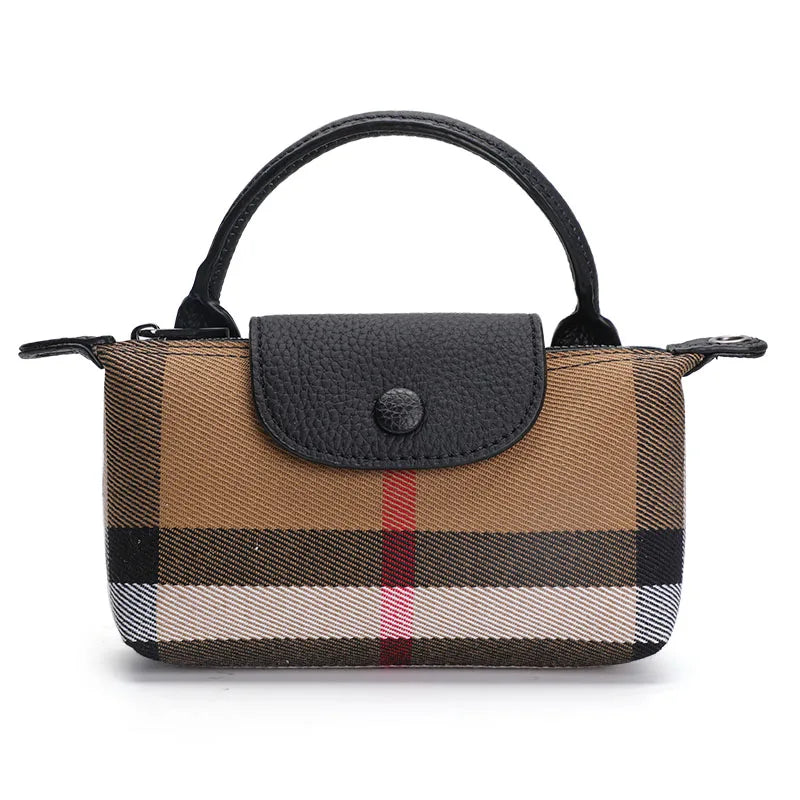 Checkered pattern single shoulder crossbody women's bag, canvas with cowhide mini bag, mobile phone bag