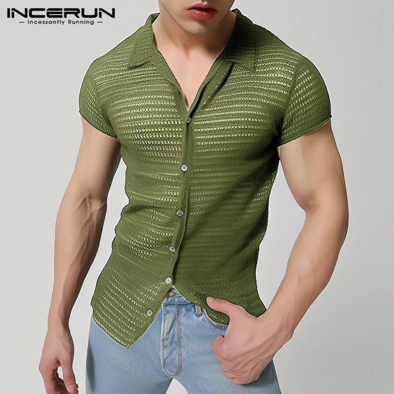 INCERUN Men Shirts Lapel Short Sleeve Mesh Transparent Hollow Out Men Clothing Streetwear Solid Color Fashion Camisas S-5XL