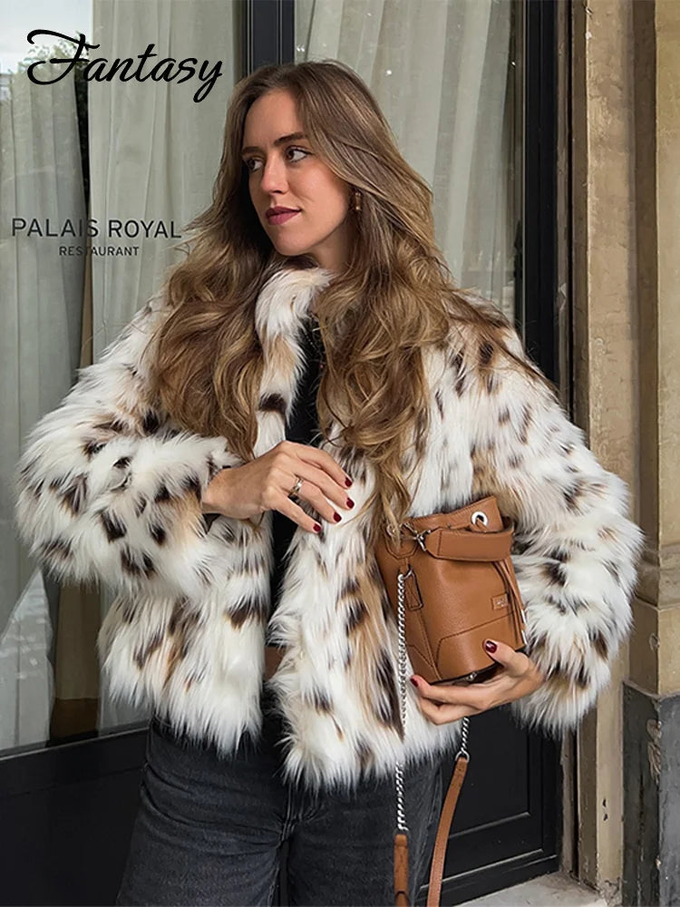 Leopard Faux Fur Jackets Women Loose Thicken Long Sleeves Plush Warm Coats Female 2024 Autumn Winter Chic Urban Outwears Lady