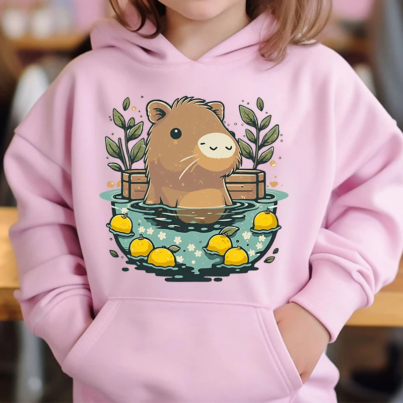 Cute Capybara Loves Bubble Tea kids hoodie pink plus velvet sweater autumn and winter tops for girls