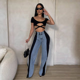 Patchwork Jeans Wide Leg Pants Sexy Women Blue Jeans Flare Pants Denim Straight Trousers