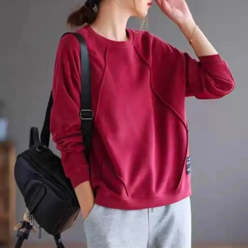 Casual Women New Clothing Loose Long Sleeve Spring Autumn Fashion Sweatshirts Solid Korean O-Neck Pullovers Versatile Trend Top