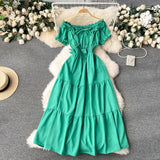 YuooMuoo Summer Vacation Slim Elastic Waist Long Dress Women Elegant Off Shoulders Big Swing Maxi Beach Dress Party Robe Femme