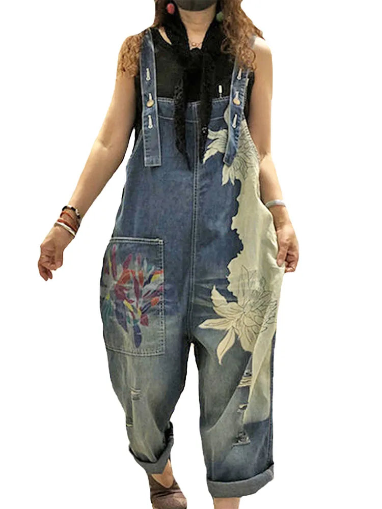 Korean Females Fashion Overalls Ladies Spring Printed Denim Harem Pants Vintage Casual Jeans Womens Loose Vintage Trousers