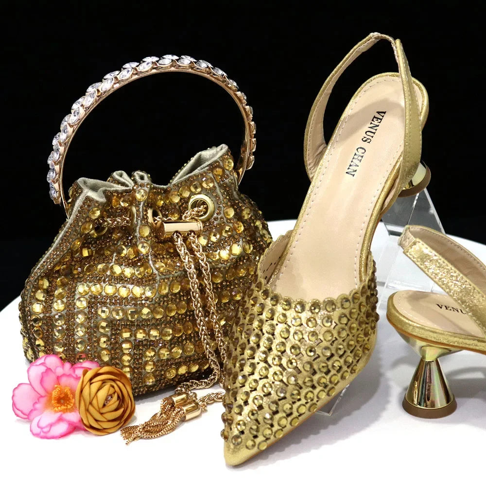 Venus Chan High Heels for Lady Luxury Designer Green Color Full Diamond Pointed Toe Wedding Shoe and Bag Set for Party