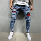 New Men's Skinny Ripped Jeans Fashion Grid Hole Endothecium Patches Slim Fit Stretch Casual Denim Pencil Pants Jogging Trousers