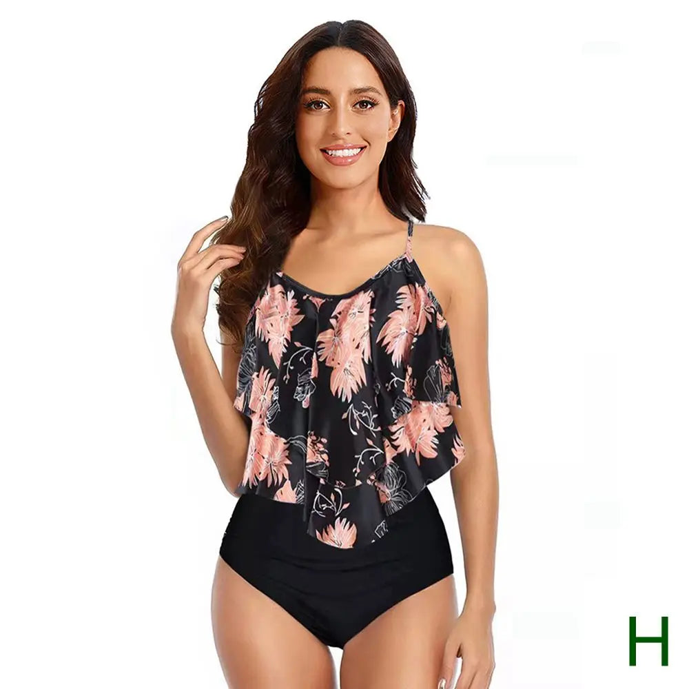 8 Colors Women Ruffled Tankini Set Padded Top With Adjustable Shoulder Straps Elastic Slim Knitted High Waisted Beachwear