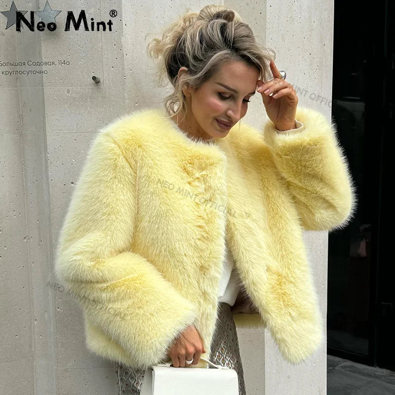 Neo Mint Cool Street Girls Winter Fashion Fluffy Fox Fur Jacket Women Casual Round Neck Faux Fur Coat Chic Thick Warm Outerwear