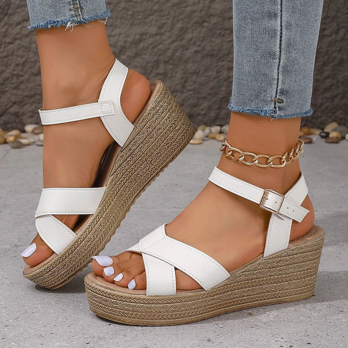 Women's White Chunky Platform Sandals Summer Buckle Strap Wedge Sandals for Woman Thick Sole Non Slip Beach Sandalias Mujer