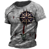 Vintage Men's T-shirt Summer American Shirt Tops Compass Printed Short-sleeve Tees Loose Daily Men Clothing Casual Streetwear