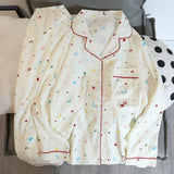 New Autumn Cherries Pajama Sets for Women Faux Cotton Outfits for Women Soft Lapel Cardigan 2 Piece Set Sweet Cute Women Pajama