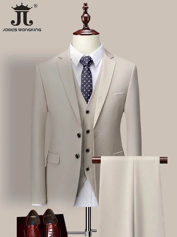 ( Jacket + Vest+Pants ) High-end Brand Formal Business Mens Suit Three-piece Groom Wedding Dress Solid Color Suit