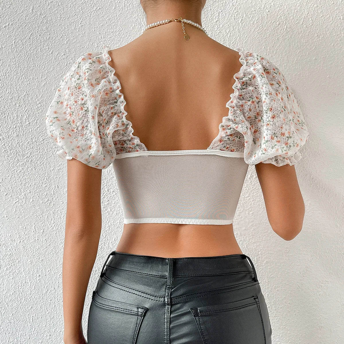 Vemina Sexy Lace Embroidery Hollow Out Women Short Sleeve Bodycon Slim Blouse,Street Style Backless Printed Puff Sleeve Crop Top