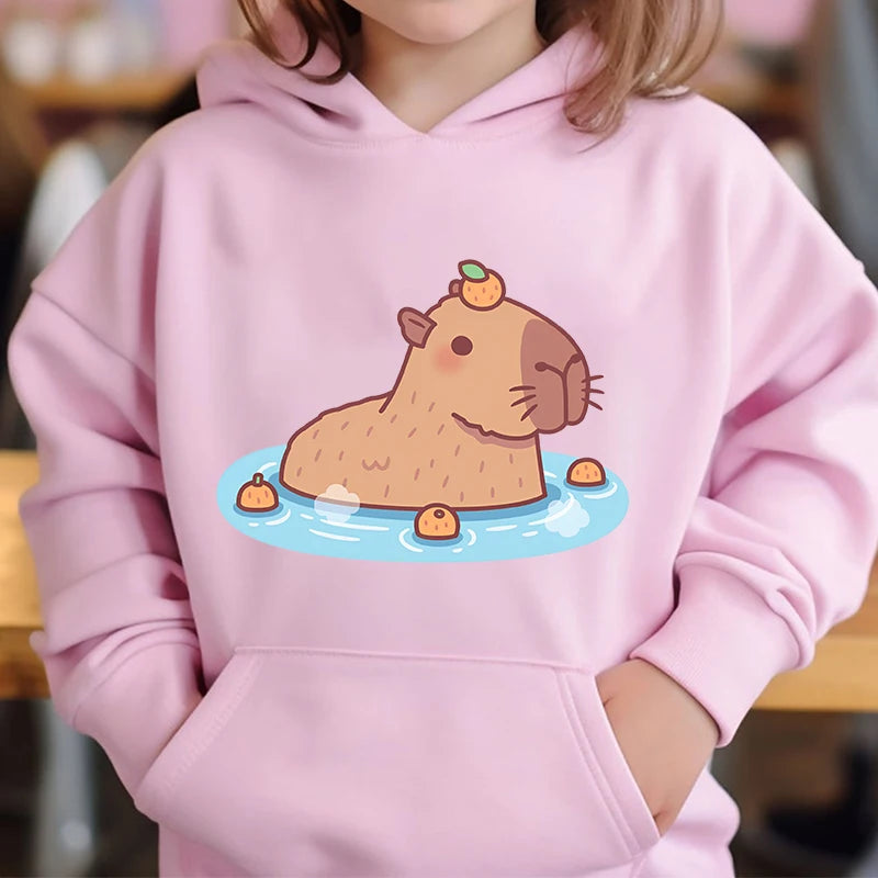 Cute Capybara Loves Bubble Tea kids hoodie pink plus velvet sweater autumn and winter tops for girls